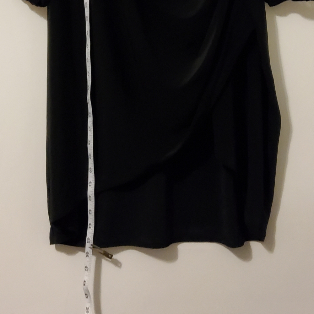 fashion To Figure Stretch  Black Mesh Long Lanter Sleeve Faux Wrap Dress Size 3 - Picture 4 of 10